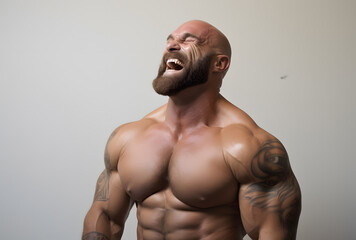 Shirtless bearded tattoed bodybuilder flexing his muscles and laughing on a white background - obrazy, fototapety, plakaty