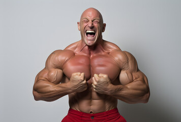 Shirtless older bodybuilder flexing his muscles on a white background