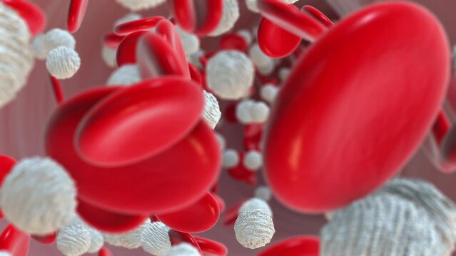 Red and white blood cells flowing in blood vessels