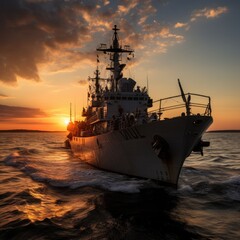 Fototapeta premium Sunset over a navy ship on the open sea