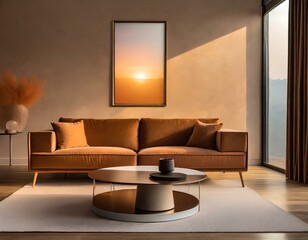 Brown sofa and round coffee table against abstract sunset frame. Loft minimalist home interior design of modern living room
