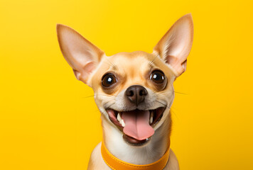 Portrait of a happy smiling small dog on a yellow background