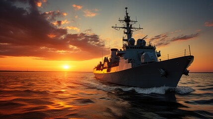 Obraz premium Sunset over a navy ship on the open sea