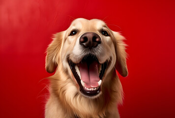 Portrait of a happy smiling golden retriever on a red background