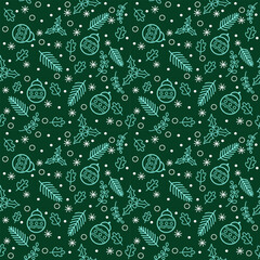 The seamless pattern of Christmas occasions with line art Christmas accessory on green background.