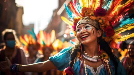 Zelfklevend Fotobehang woman celebrating the Bolivian carnival, dancing with her colorful and feather mask, Latin American culture and tradition, street carnival, typical Bolivian clothing, native and aboriginal festivals © Juan Gumin
