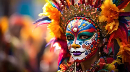 Fotobehang woman celebrating Bolivian carnival, colorful and feather mask, Latin American culture and tradition, street carnival, typical clothing, native festivals © Juan Gumin