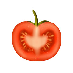 Sliced half tomato on white background. Fresh red ripe vegetable. Realistic 3d isolated vector illustration for packaging and banner design