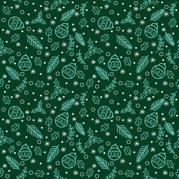 The seamless pattern of Christmas occasions with line art Christmas accessory on green background.