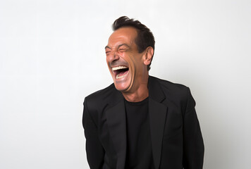 Portrait of a happy laughing modern elderly man on a white background