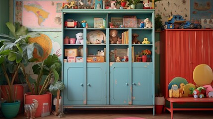 A colorful toy box in a lively childrena??s room.