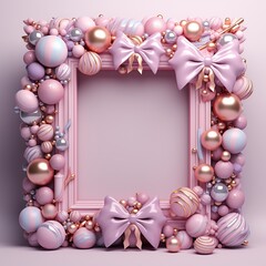 Obraz na płótnie Canvas 3d render of pink frame with pink and golden balls, bows and ribbons, Ai Generated