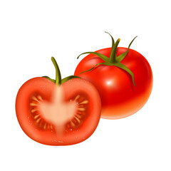 One whole tomato and sliced half tomato. Fresh food cooking ingredients on white background. Realistic 3d isolated vector illustration