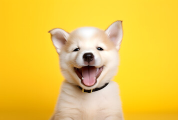 Portrait of a happy smiling puppy on a yellow background