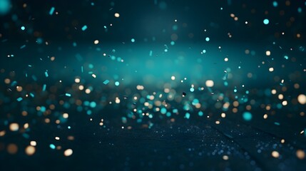 dark blue background with blue confetti and gold stars, in the style of light emerald and light cyan, blurred landscapes, dusty piles, selective focus,, dark turquoise and light gold - obrazy, fototapety, plakaty