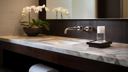 A contemporary bathroom vanity with elegant fixtures.