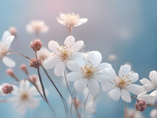 Delicate White Flowers on Soft Blue and Pink Outdoor Background. generative AI