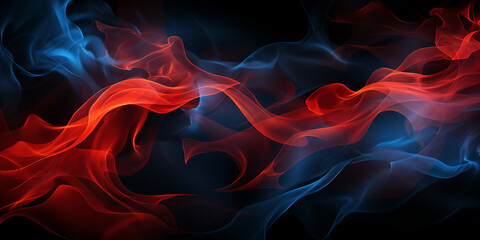 Schöner abstrakter futuristischer Hintergrund in welligen leuchtenden rot und blau Rauch Nebel  für Webdesign und Drucksachen als Vorlage Querformat, ai generativ