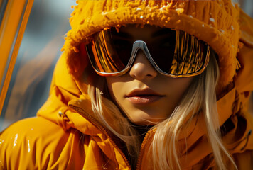 skier in the snow wearing ski googles orange, close-up portrait - obrazy, fototapety, plakaty