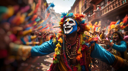 Fototapeta premium man celebrating Bolivian carnival, dancing with his colorful mask, Latin American culture and tradition, street carnival, typical clothing, native festivals