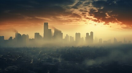 A dense smog engulfing an urban skyline, highlighting air pollution.