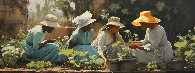 illustration of  60s African women wearing vintage fashion hat working in vegetable farm as hobby together, Generative Ai - obrazy, fototapety, plakaty