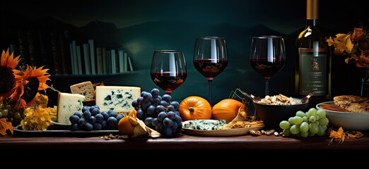 Obraz na płótnie Canvas Autumn dinner table still life food portrait in artistic vintage style, plate of cheese with grape and red wine glass, Generative Ai