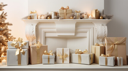 Beautifully wrapped gifts with bows and other christmas decorations on the mantle for the holiday season