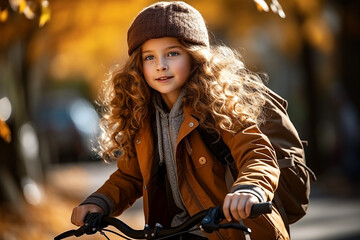 Fototapeta na wymiar Schoolgirl girl 10 year old rides a bicycle, getting to school safely on bicycle. Concept: Back to school. Healthy outdoor living and safe transportation. Close up.Generative AI..