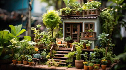 Fototapeta premium a small miniature house with green miniature plants