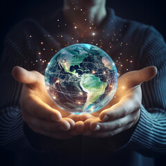 Clasped hands cradling a crystalline Earth globe, with a circular network representing worldwide connections. Embracing the ideas of energy and ecological sustainability while safeguarding the planet 