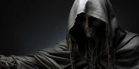 Mann mit schwarzer Gesichtsmaske und dunklen Umhang im düsteren dunklen Licht im Querformat als Banner, ai generativ