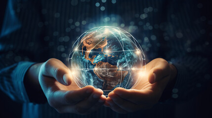 Clasped hands cradling a crystalline Earth globe, with a circular network representing worldwide connections. Embracing the ideas of energy and ecological sustainability while safeguarding the planet 