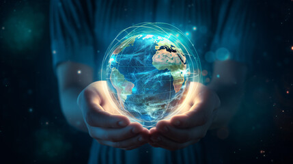 Clasped hands cradling a crystalline Earth globe, with a circular network representing worldwide connections. Embracing the ideas of energy and ecological sustainability while safeguarding the planet 
