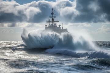A ship battles stormy waters with light blue spray in the sky. Generative AI