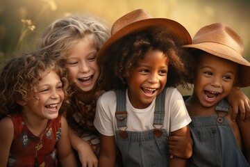 Group of diverse cheerful fun happy multiethnic children outdoors at the schoolyard - obrazy, fototapety, plakaty