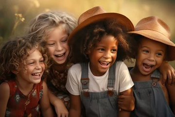 Fotobehang Group of diverse cheerful fun happy multiethnic children outdoors at the schoolyard © Oleksii Halutva