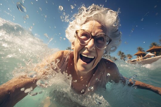 Happy laughing elderly woman enjoying in the warm sea