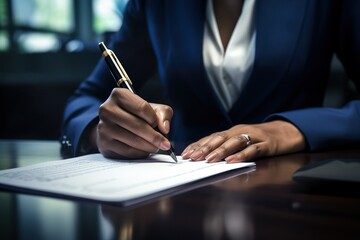 person signing document with pen and paper at table