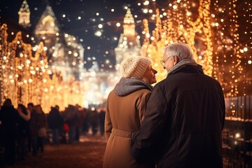 Fototapeta na wymiar Two elderly people, a woman and a man, enjoy Christmas decorations