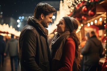 young happy couple on Christmas street, enjoying the holiday