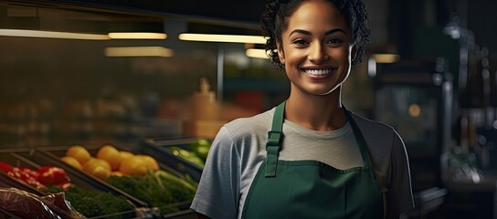 Smiling attractive Hispanic woman small business owner in her grocery store.