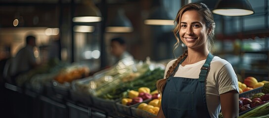 Smiling attractive Hispanic woman small business owner in her grocery store.