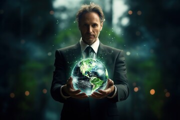 ESG environmental social governance business strategy investing concept. Businessman holding green earth globe world .Ethical and sustainable investing. Enhance ESG alignment of investments . Eco - obrazy, fototapety, plakaty
