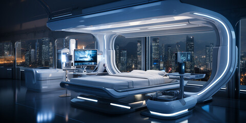 Futuristisches Schlafzimmer im grandiosen Design und ausgefallenen Formen Querfomat für Banner, ai generativ