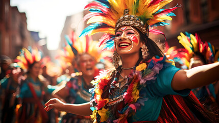 Fototapeta premium woman celebrating the Bolivian carnival, dancing with her colorful and feather mask, Latin American culture and tradition, street carnival, typical Bolivian clothing, native and aboriginal festivals