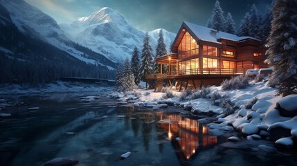 Fototapeta premium Photo of a cozy cabin nestled by a tranquil lake under a starry night sky