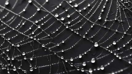 Close-up of spider web texture with dew drops. Nature wildlife wallpaper, macro shot. 
