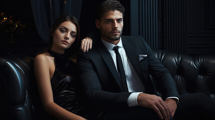 Elegant couple, young man and woman sitting on a couch in elegant evening official classic clothes. Creative banner for store of suits and elite evening dresses. 
