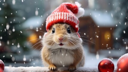 Photo of a cute little rodent wearing a festive knitted hat - obrazy, fototapety, plakaty
